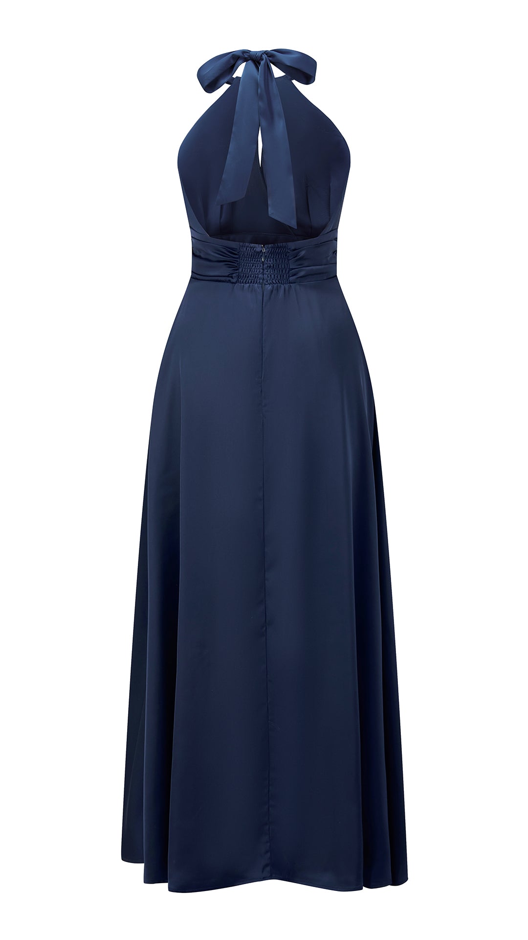 Abito lungo in raso donna a collo alto annodato, scollo a V, gonna ampia elegante