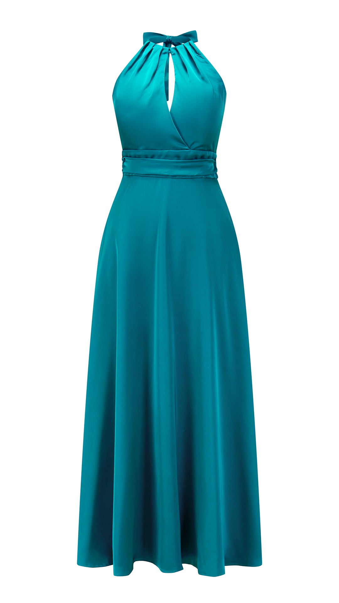 Abito lungo in raso donna a collo alto annodato, scollo a V, gonna ampia elegante