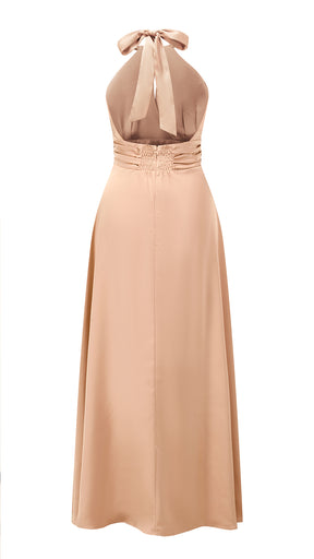 Abito lungo in raso donna a collo alto annodato, scollo a V, gonna ampia elegante