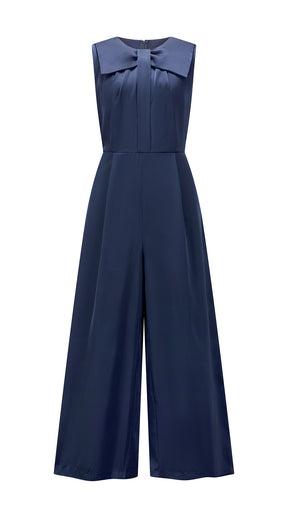 Tuta jumpsuit senza maniche donna con fiocco, gamba larga, elegante per ufficio e occasioni