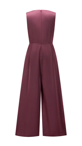 Tuta jumpsuit senza maniche donna con fiocco, gamba larga, elegante per ufficio e occasioni