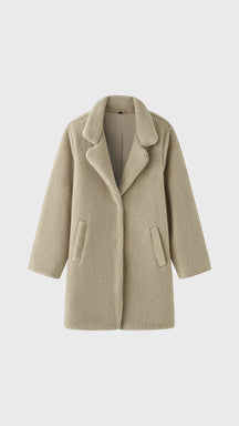Cappotto Medio Donna in Tessuto Teddy, Giacca Invernale con Colletto a Rever e Tasche