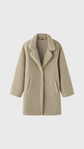 Cappotto Medio Donna in Tessuto Teddy, Giacca Invernale con Colletto a Rever e Tasche