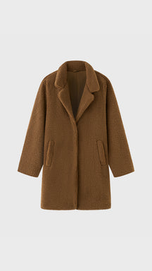 Cappotto Medio Donna in Tessuto Teddy, Giacca Invernale con Colletto a Rever e Tasche