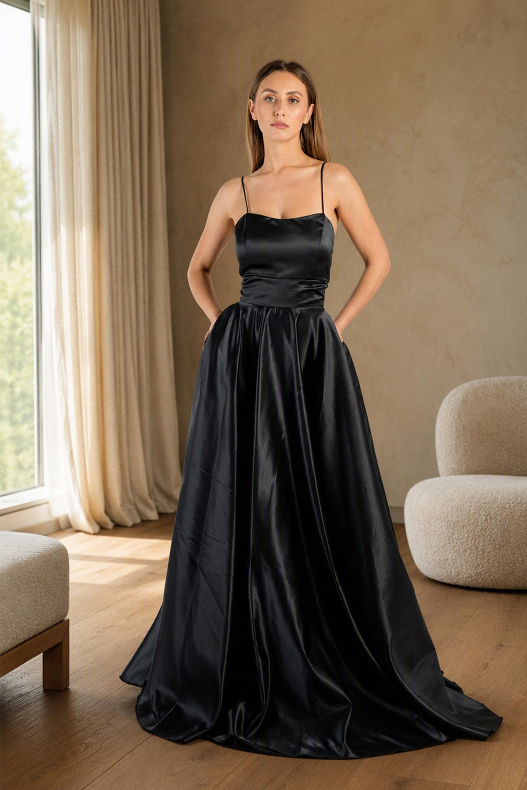 Abito Lungo Elegante in Raso con Spalline Sottili –  “Estella” -9