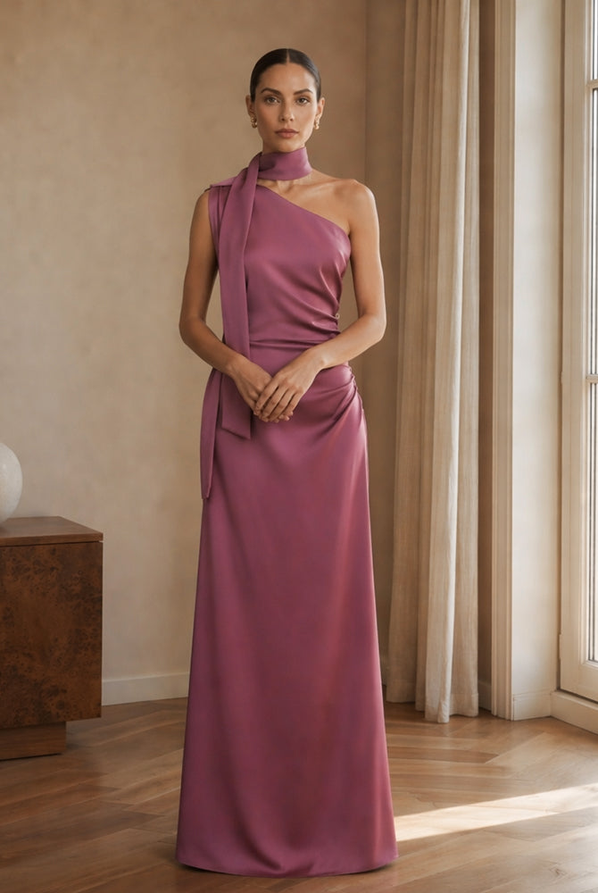 Abito Lungo Monospalla con Collarino e Fiocco in Satin - Eleganza per Matrimoni e Serate Speciali（副本）