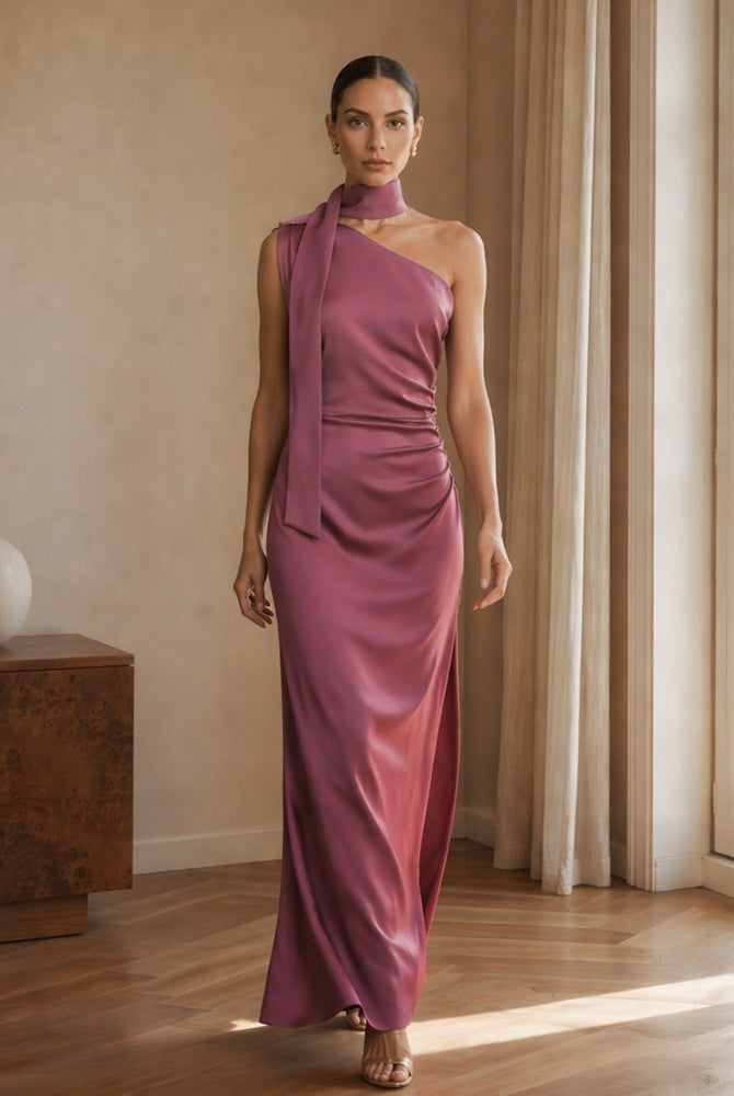 Abito Lungo Monospalla con Collarino e Fiocco in Satin - Eleganza per Matrimoni e Serate Speciali（副本）