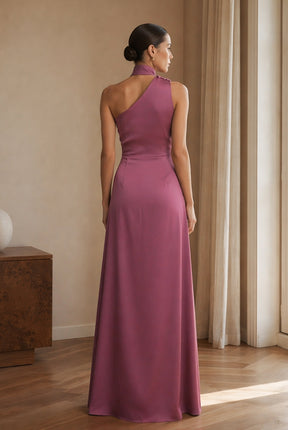 Abito Lungo Monospalla con Collarino e Fiocco in Satin - Eleganza per Matrimoni e Serate Speciali