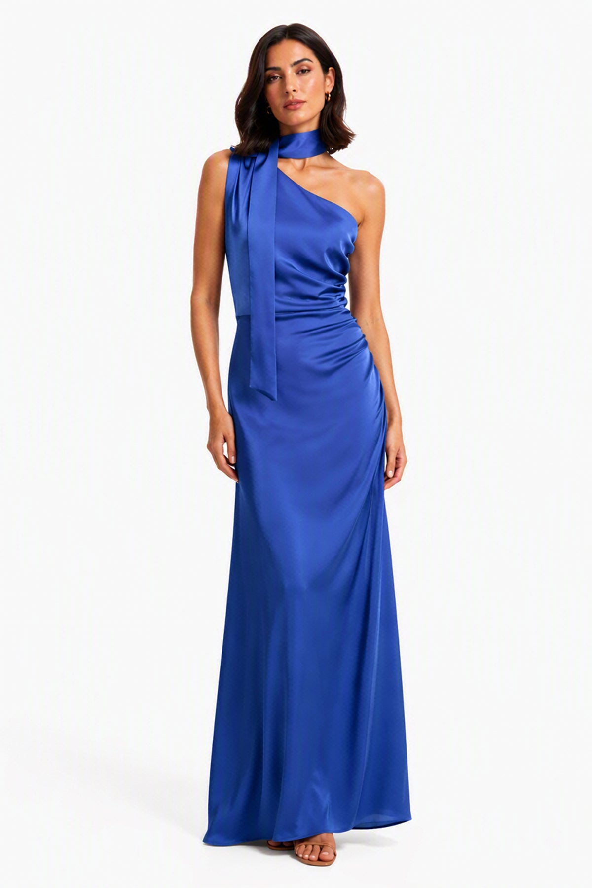 Abito Lungo Monospalla con Collarino e Fiocco in Satin - Eleganza per Matrimoni e Serate Speciali -4