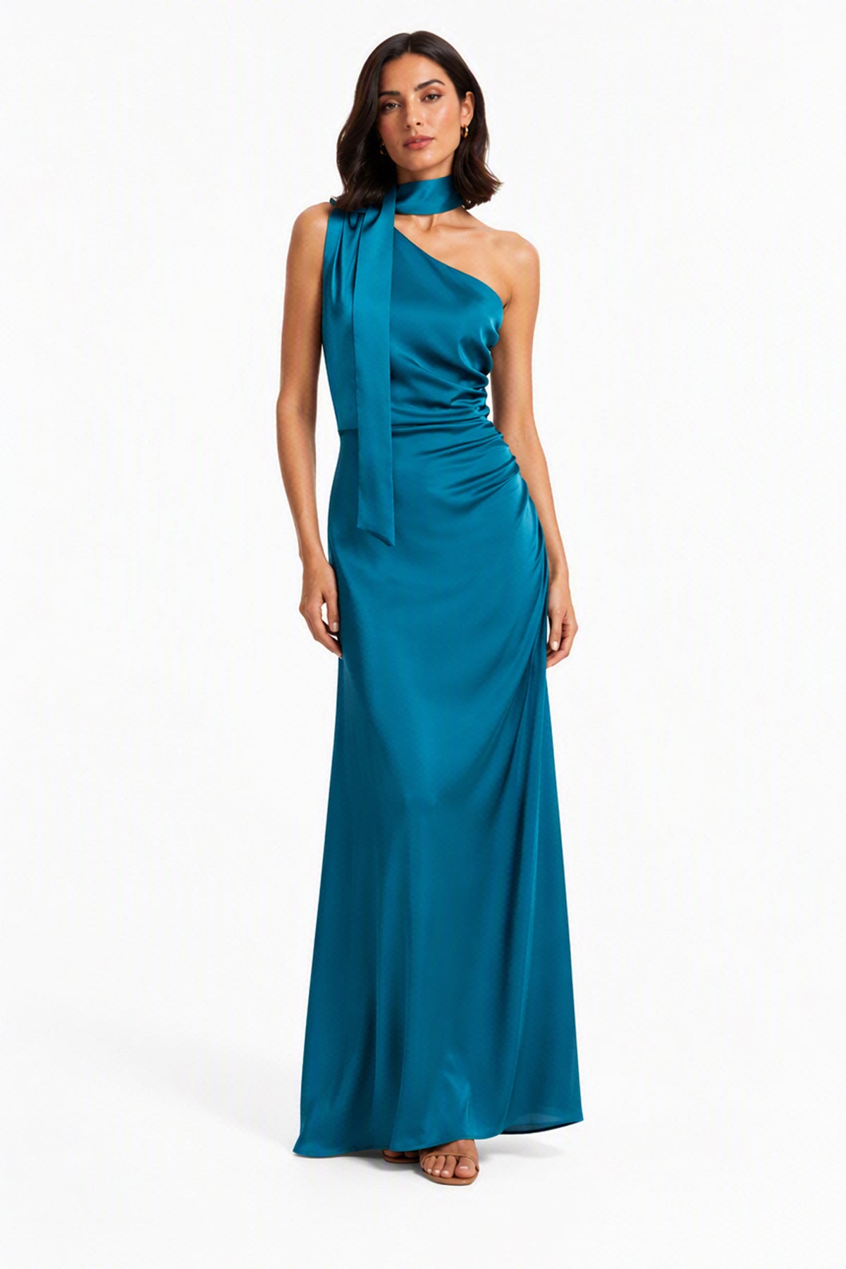 Abito Lungo Monospalla con Collarino e Fiocco in Satin - Eleganza per Matrimoni e Serate Speciali -5