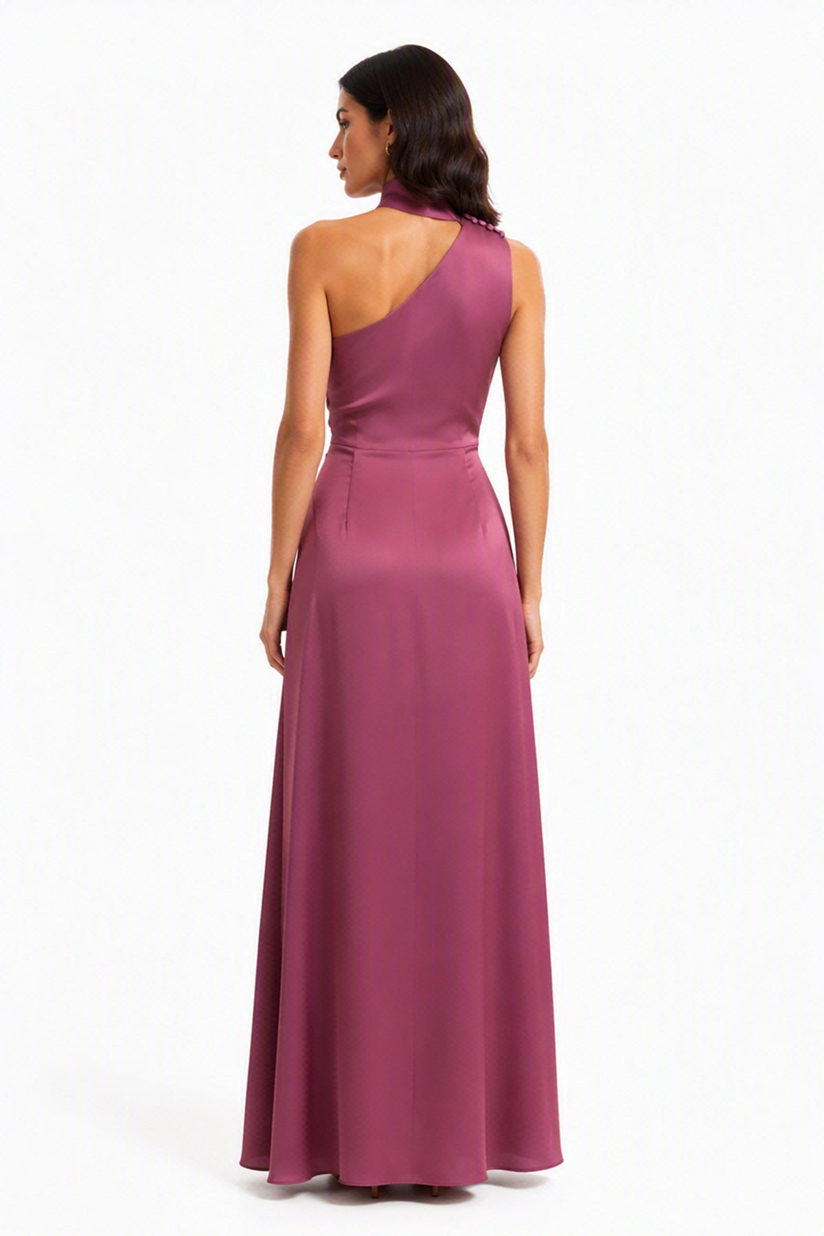 Abito Lungo Monospalla con Collarino e Fiocco in Satin - Eleganza per Matrimoni e Serate Speciali -1