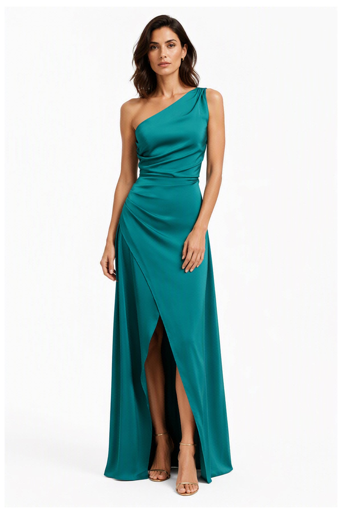 Abito Lungo Monospalla in Satin con Spacco - Eleganza Senza Tempo per Matrimoni e Serate -1