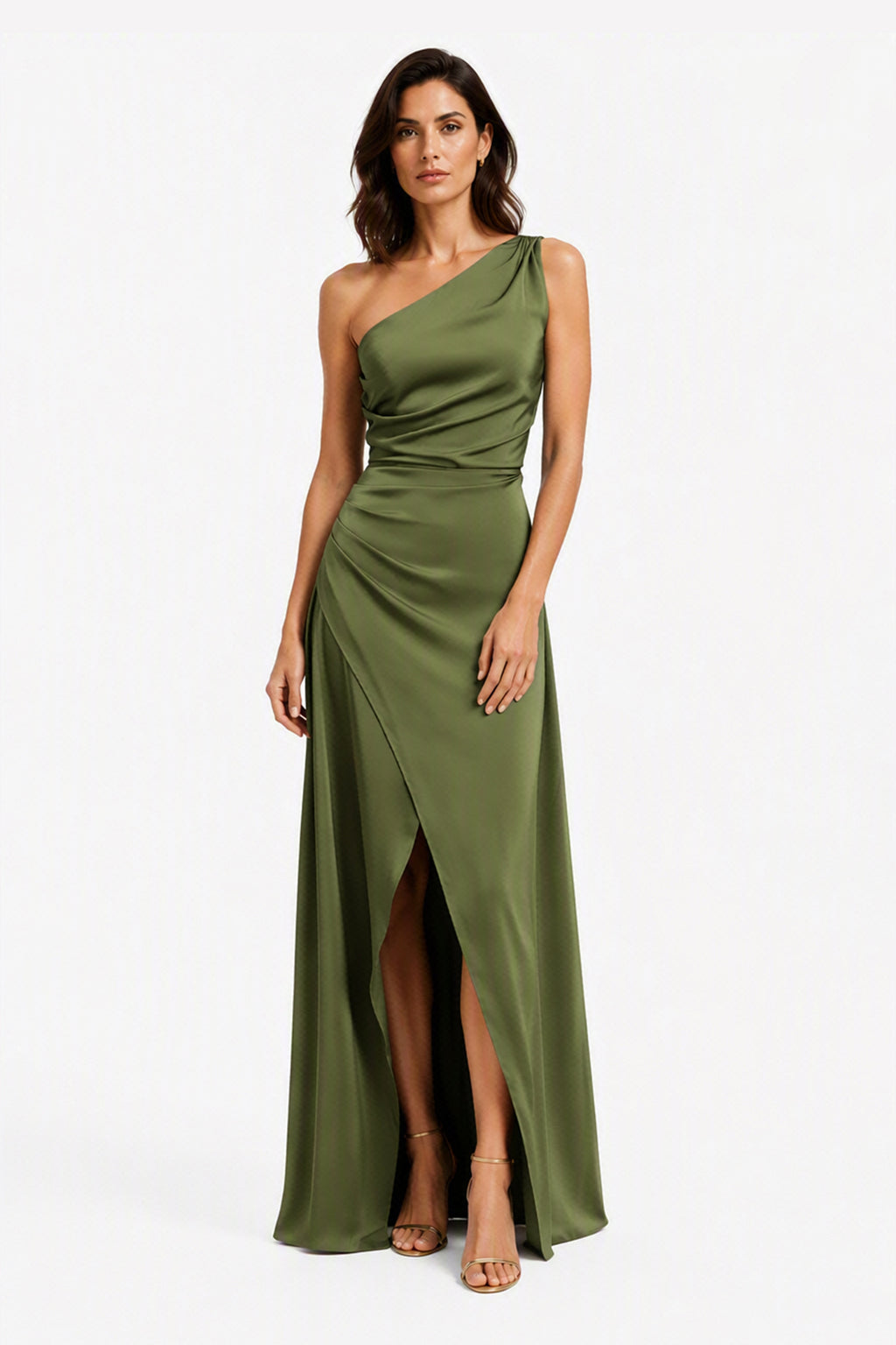 Abito Lungo Monospalla in Satin con Spacco - Eleganza Senza Tempo per Matrimoni e Serate -3