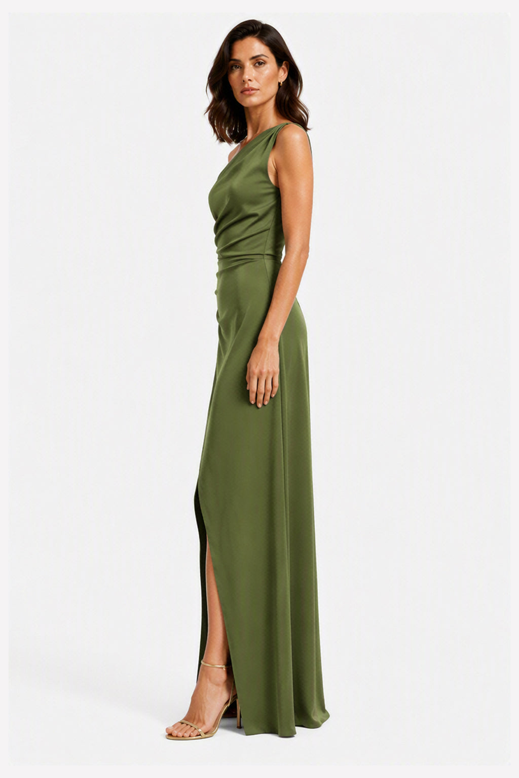 Abito Lungo Monospalla in Satin con Spacco - Eleganza Senza Tempo per Matrimoni e Serate -3