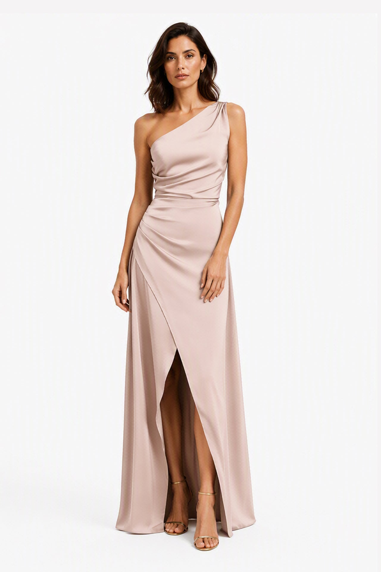 Abito Lungo Monospalla in Satin con Spacco - Eleganza Senza Tempo per Matrimoni e Serate -4