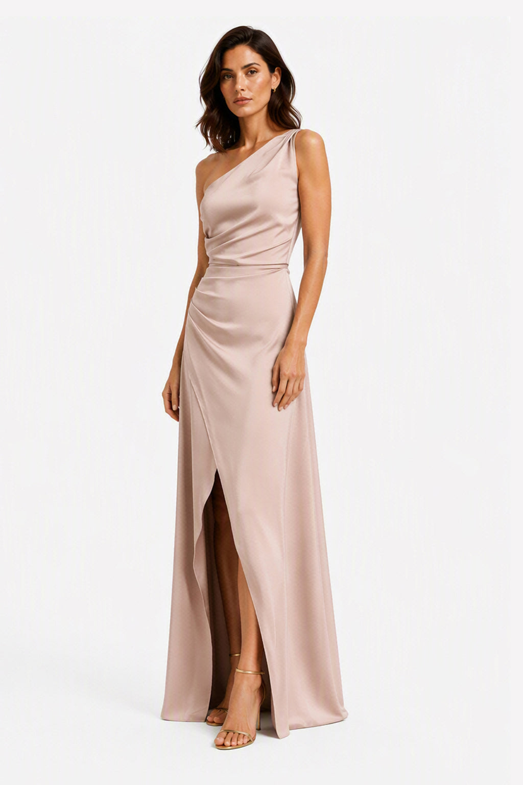 Abito Lungo Monospalla in Satin con Spacco - Eleganza Senza Tempo per Matrimoni e Serate -4