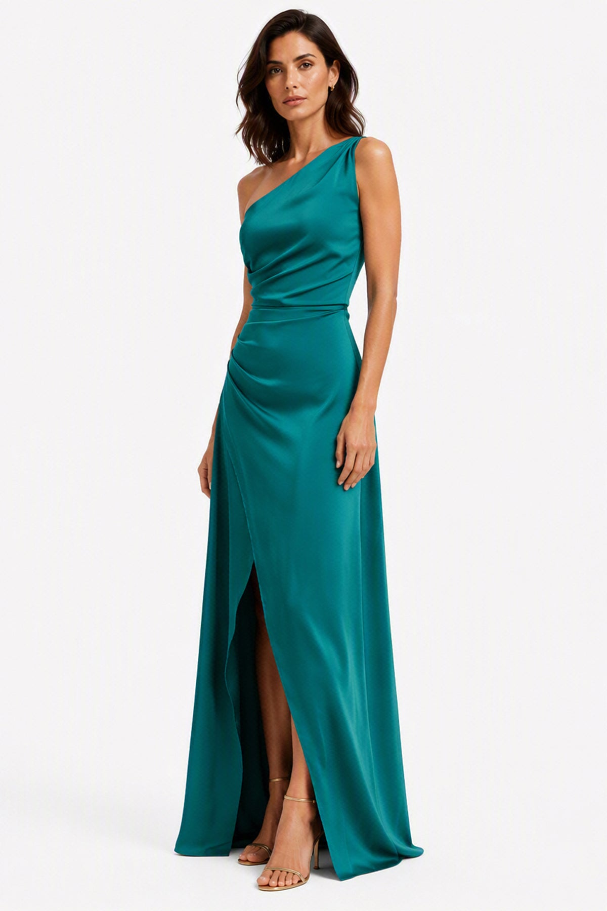 Abito Lungo Monospalla in Satin con Spacco - Eleganza Senza Tempo per Matrimoni e Serate -1