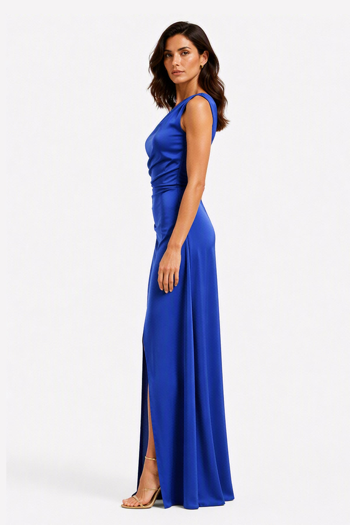 Abito Lungo Monospalla in Satin con Spacco - Eleganza Senza Tempo per Matrimoni e Serate -5