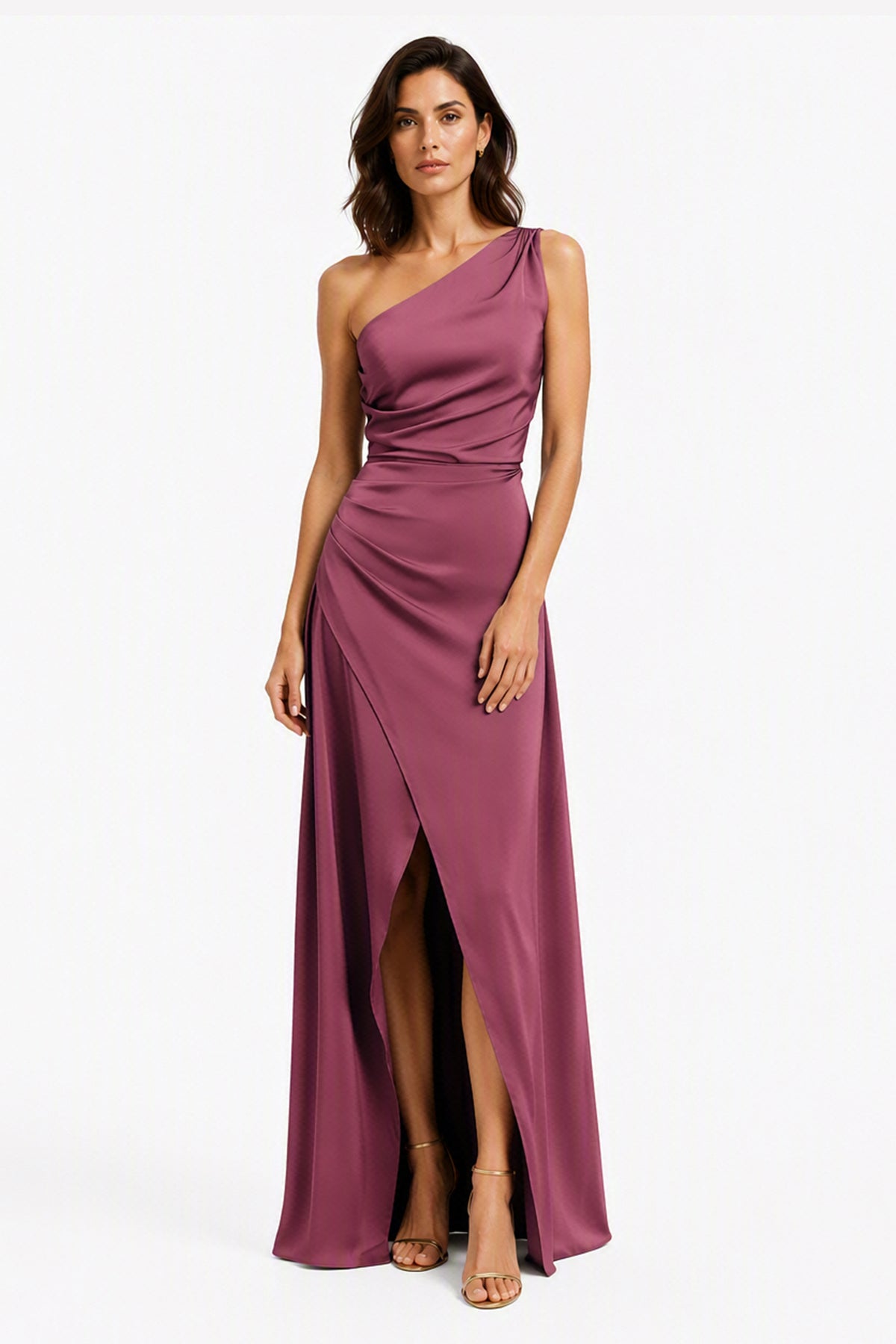 Abito Lungo Monospalla in Satin con Spacco - Eleganza Senza Tempo per Matrimoni e Serate -9