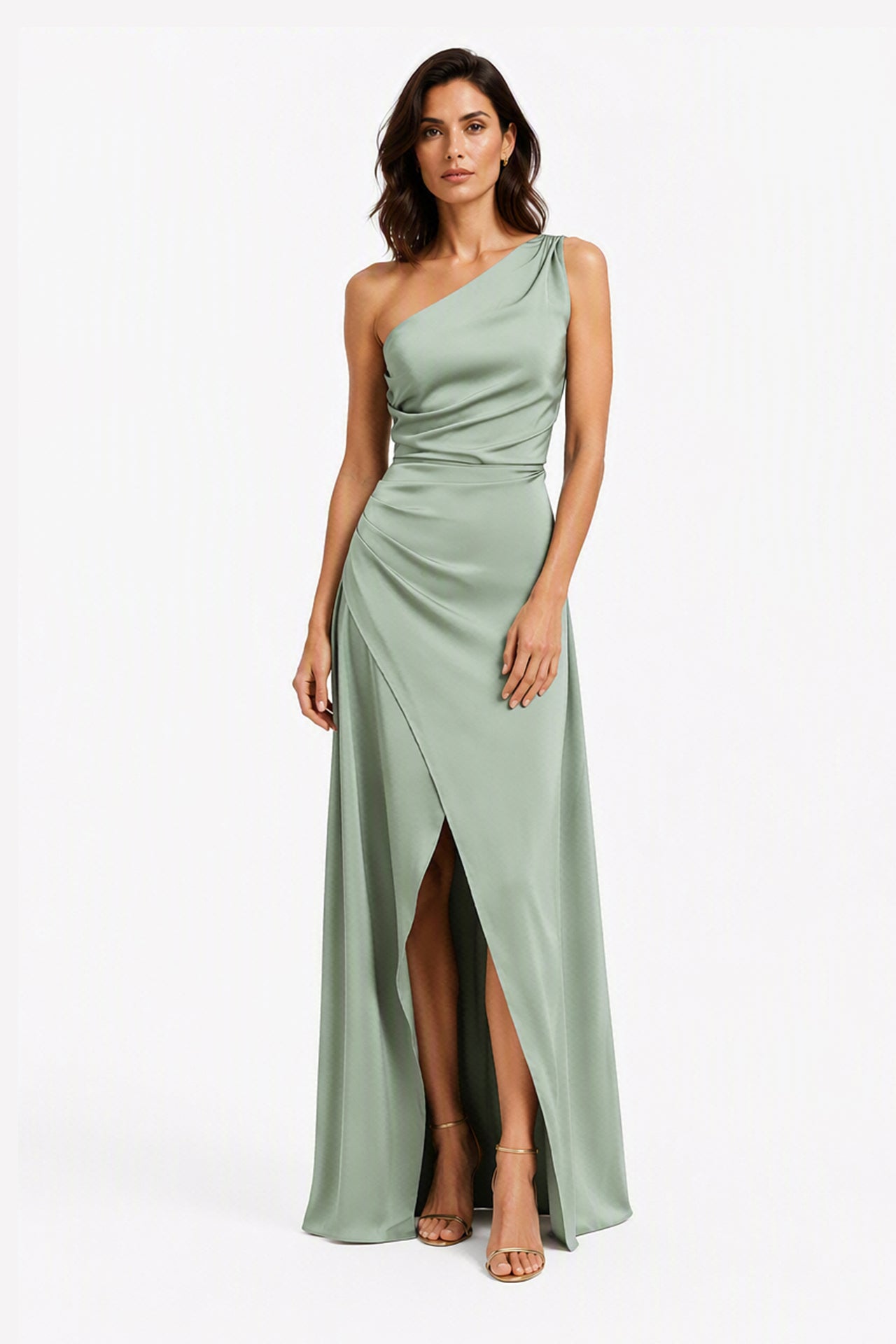 Abito Lungo Monospalla in Satin con Spacco - Eleganza Senza Tempo per Matrimoni e Serate -10