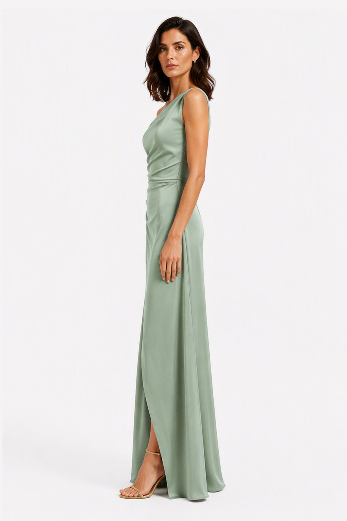 Abito Lungo Monospalla in Satin con Spacco - Eleganza Senza Tempo per Matrimoni e Serate -10