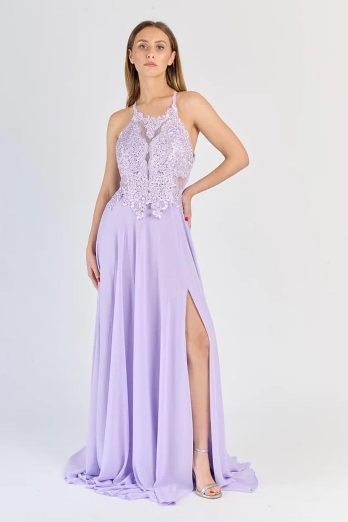 Abito Lungo da Cerimonia con Corpino in Pizzo e Spacco Laterale "Edera" -3