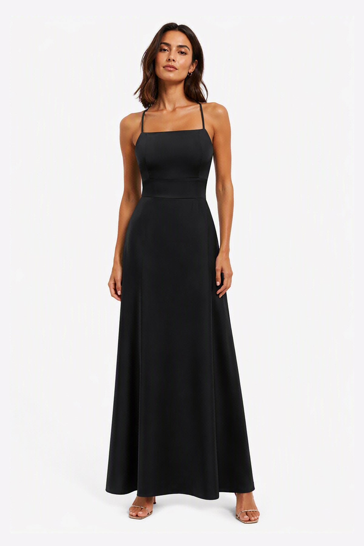 Abito Lungo in Satin con Spalline Sottili e Schiena a Croce - Eleganza per Matrimoni e Serate -8