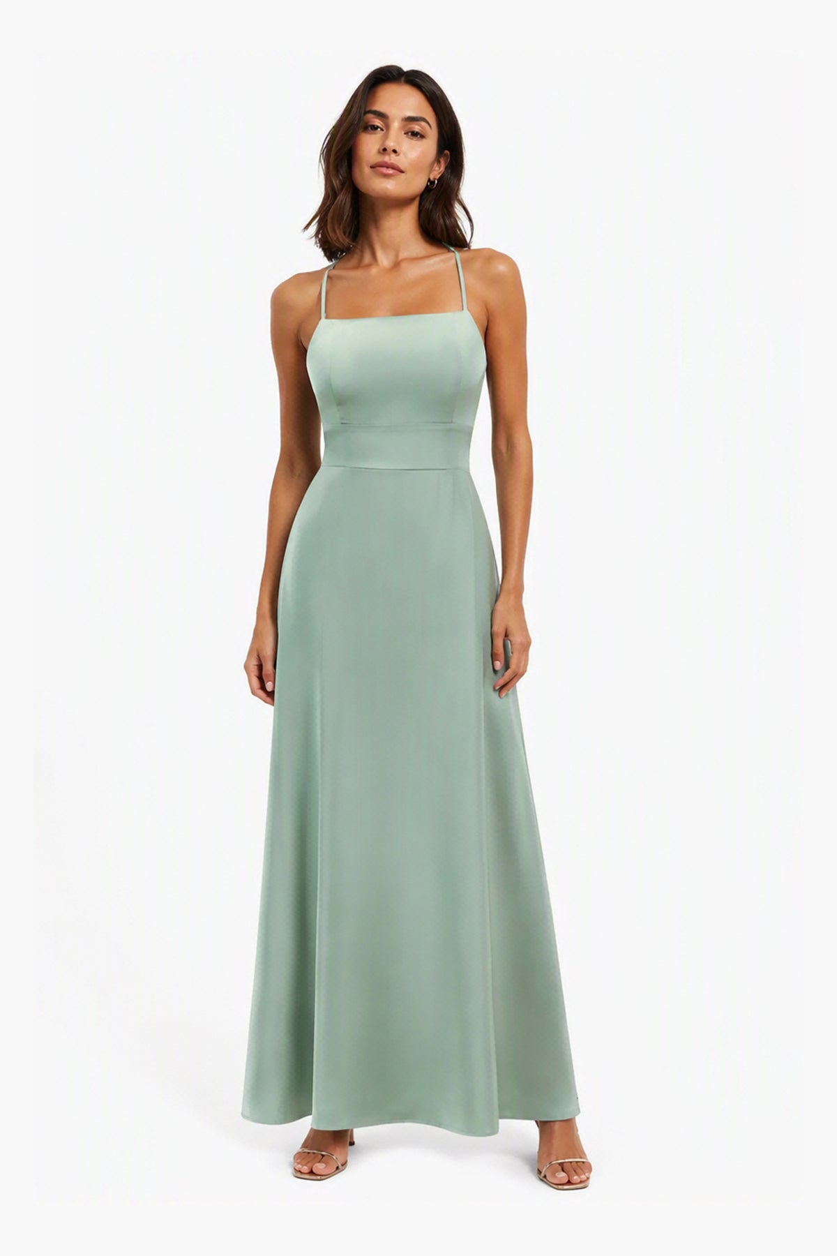 Abito Lungo in Satin con Spalline Sottili e Schiena a Croce - Eleganza per Matrimoni e Serate -1