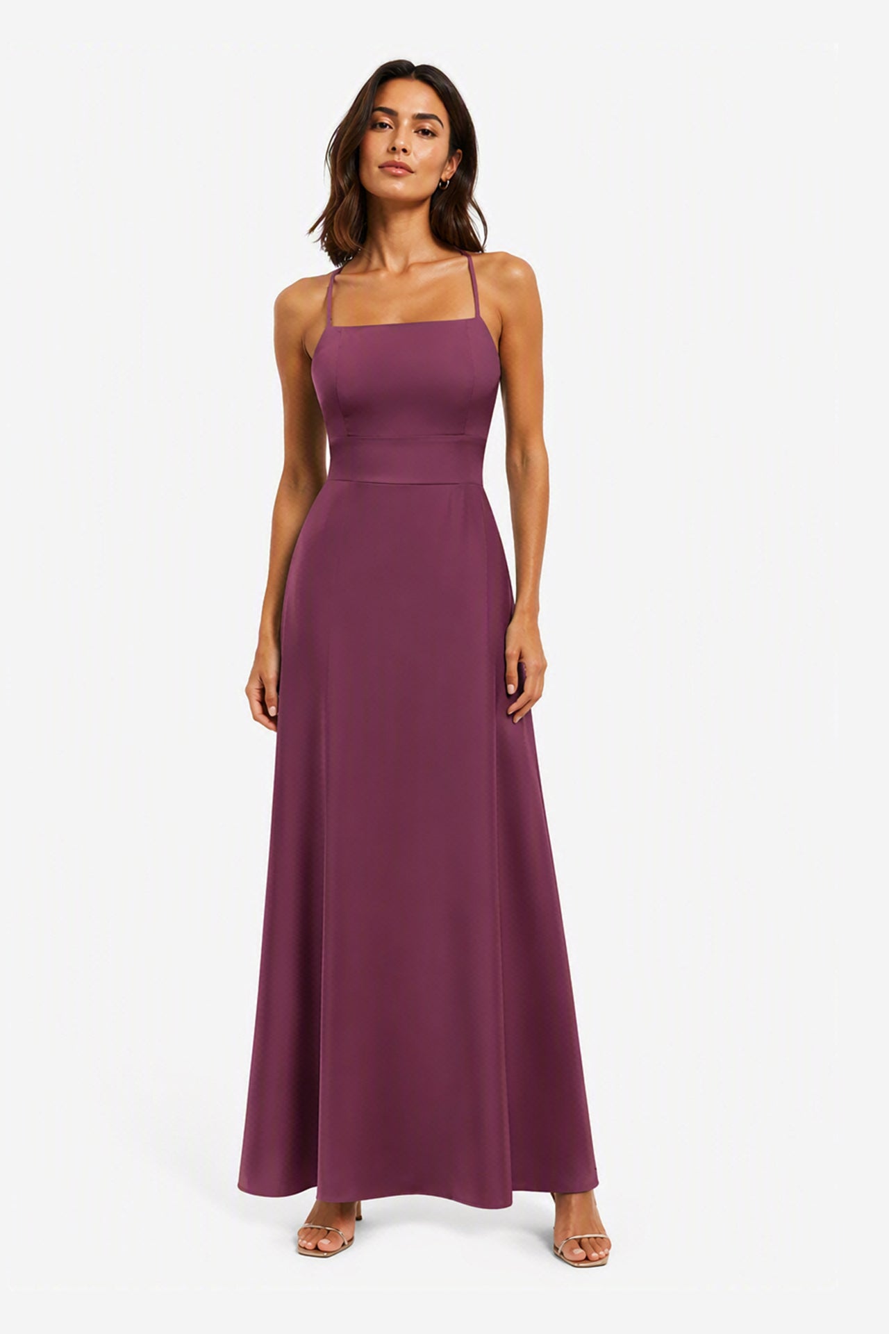 Abito Lungo in Satin con Spalline Sottili e Schiena a Croce - Eleganza per Matrimoni e Serate -9