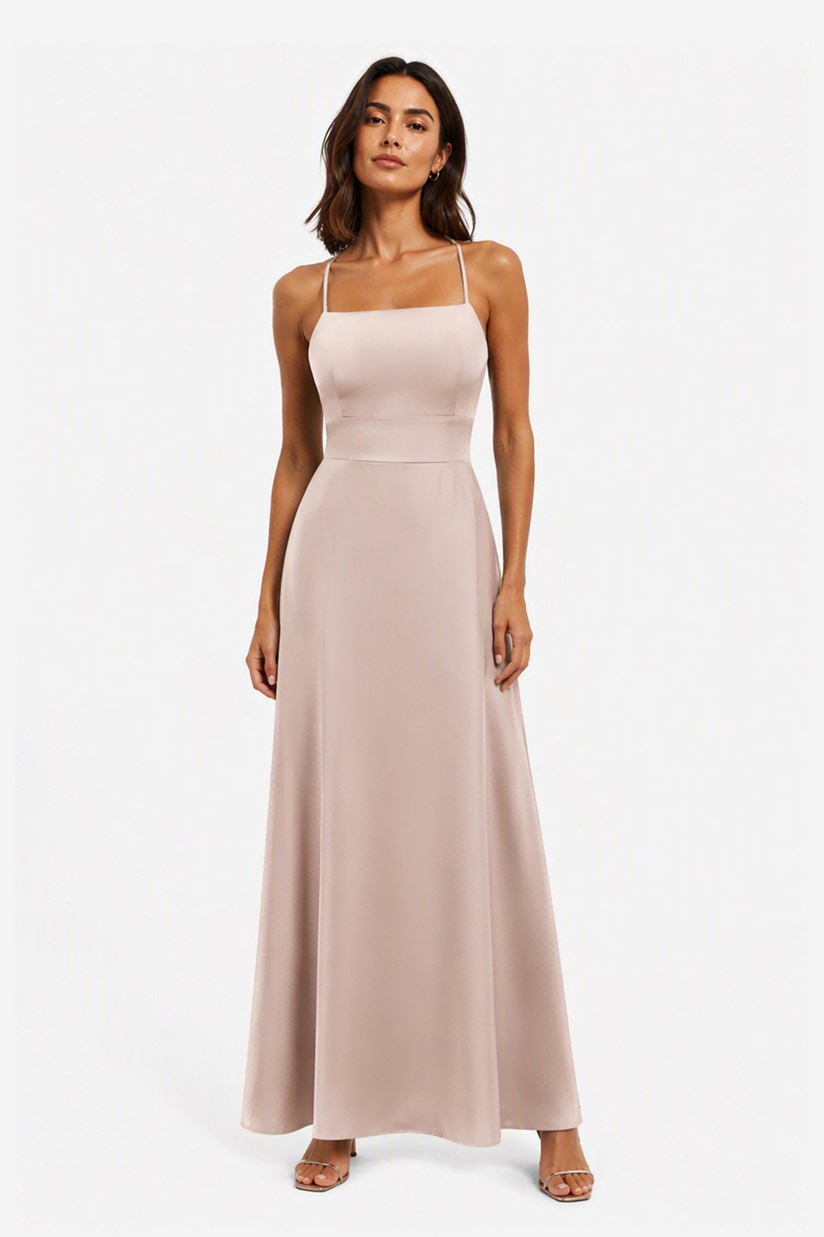 Abito Lungo in Satin con Spalline Sottili e Schiena a Croce - Eleganza per Matrimoni e Serate -4