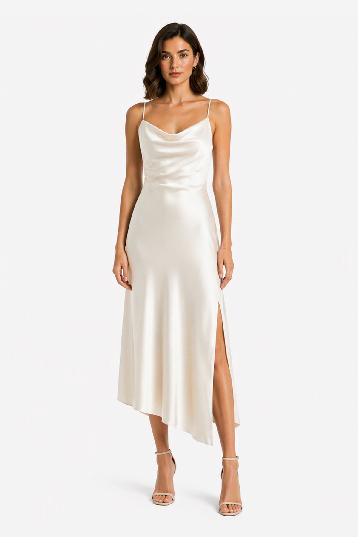 Abito Midi in Satin con Scollatura a Collo d'Anatra e Spalline - Eleganza Asimmetrica per Serate -1