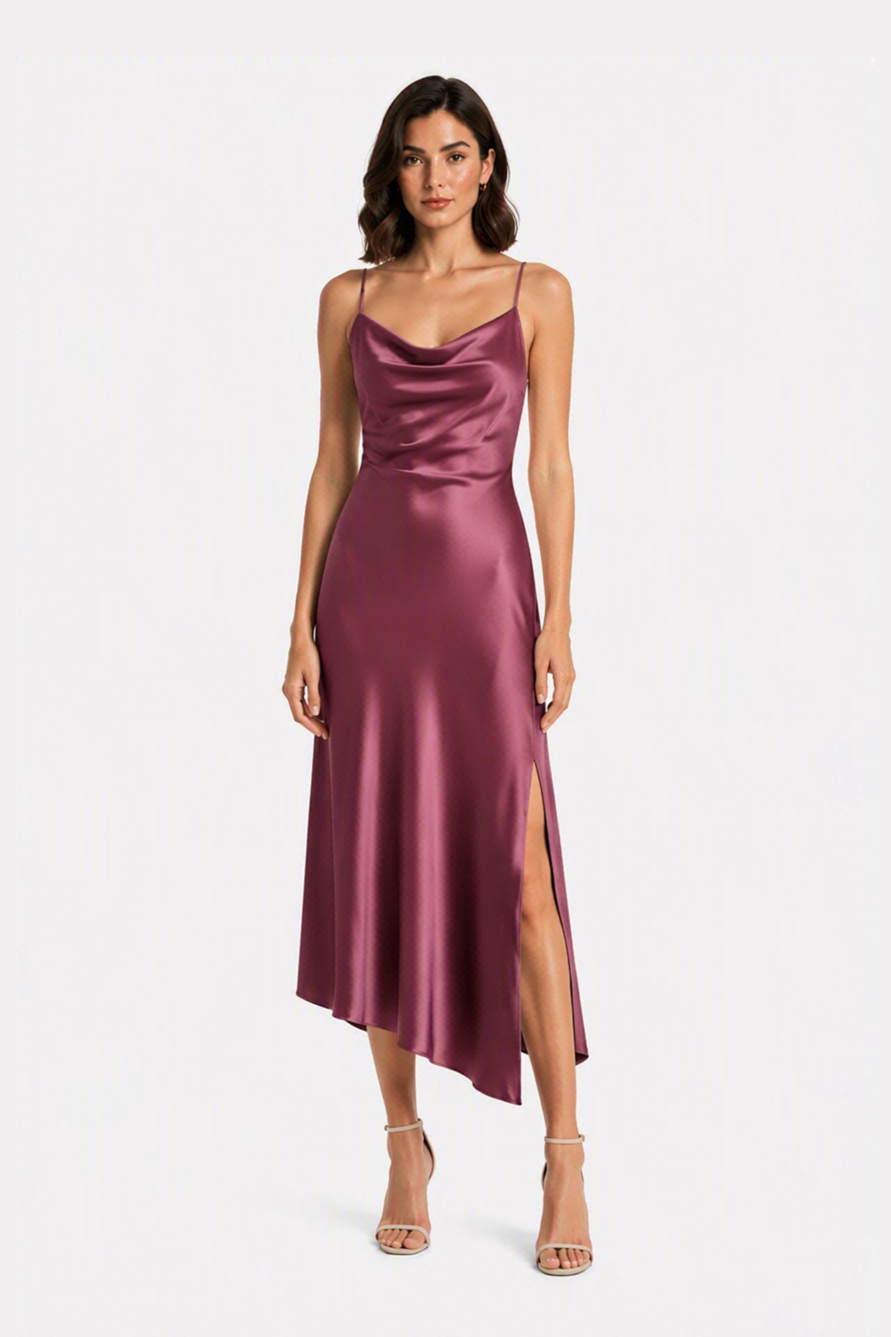 Abito Midi in Satin con Scollatura a Collo d'Anatra e Spalline - Eleganza Asimmetrica per Serate -6