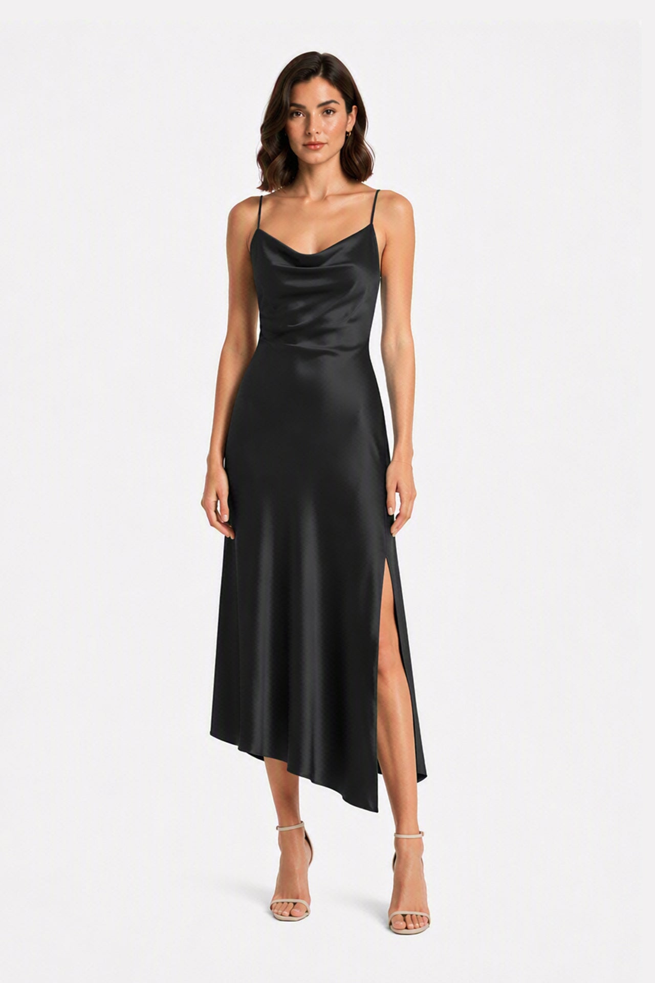 Abito Midi in Satin con Scollatura a Collo d'Anatra e Spalline - Eleganza Asimmetrica per Serate -5