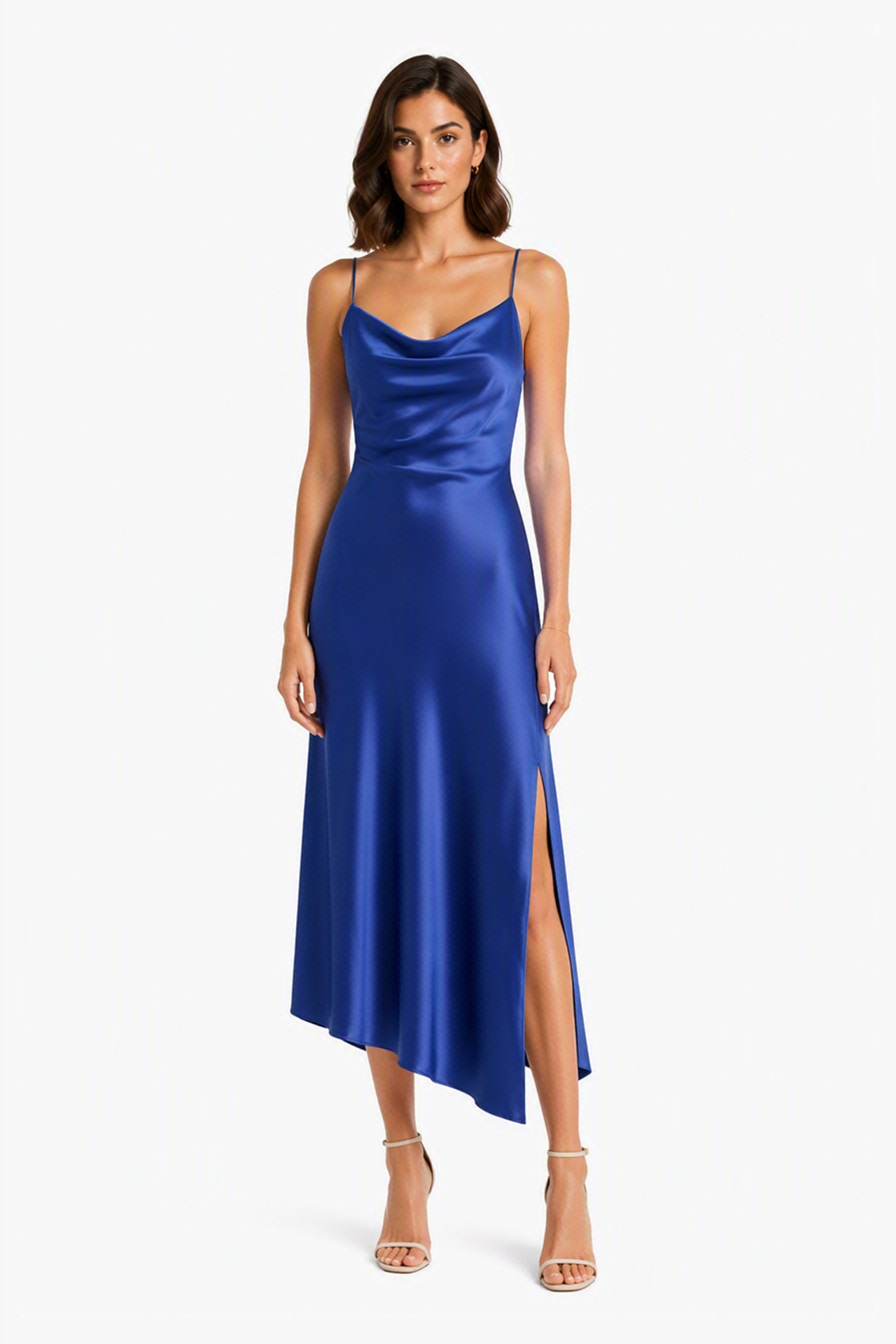 Abito Midi in Satin con Scollatura a Collo d'Anatra e Spalline - Eleganza Asimmetrica per Serate -2