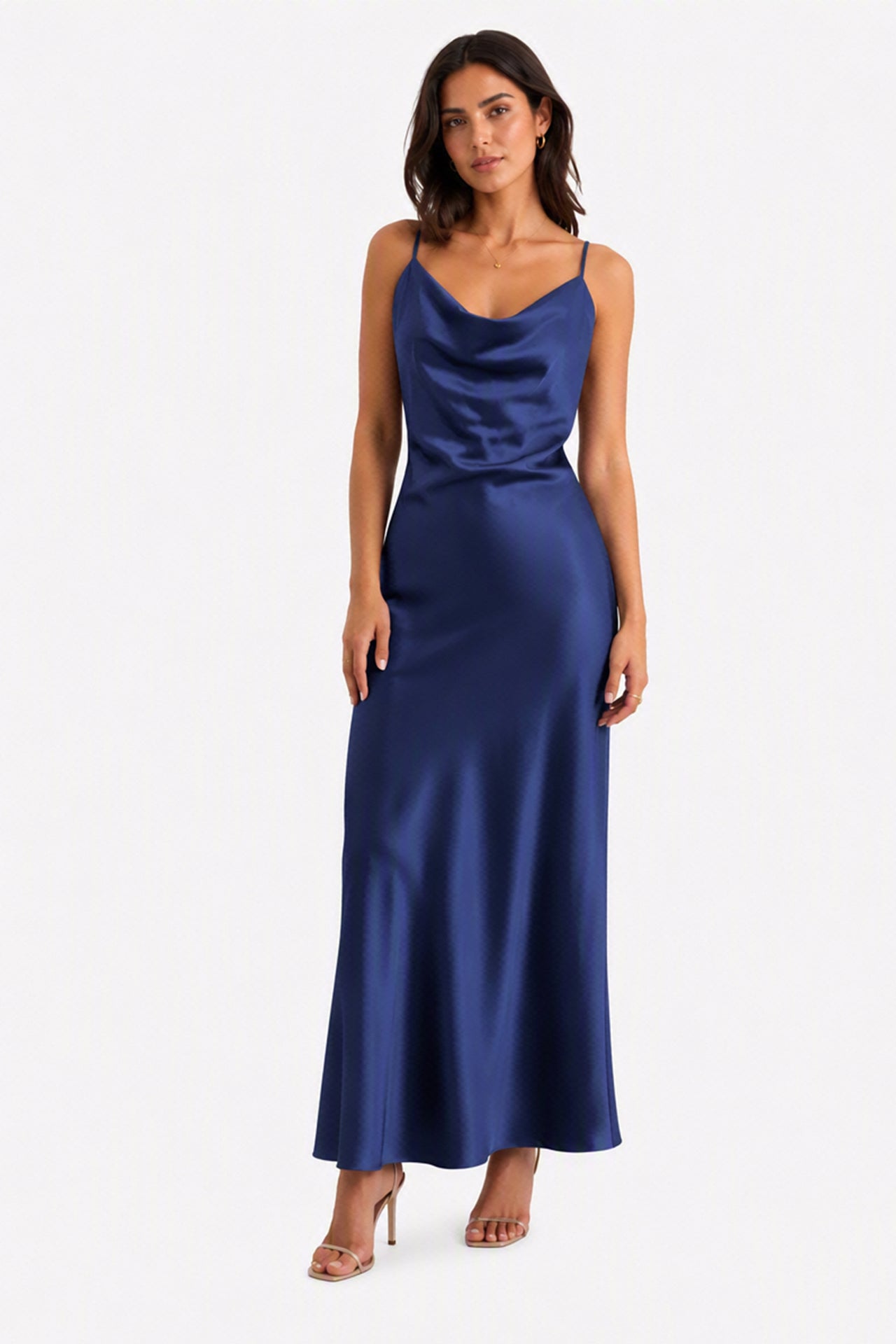 Abito Midi in Satin con Spalline e Scollatura a Collo d'Anatra - Eleganza Senza Tempo per Serate -7