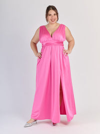 Abito Fuxia in tessuto scintillante senza maniche, scollo a V e vita decorativa, per uno stile 