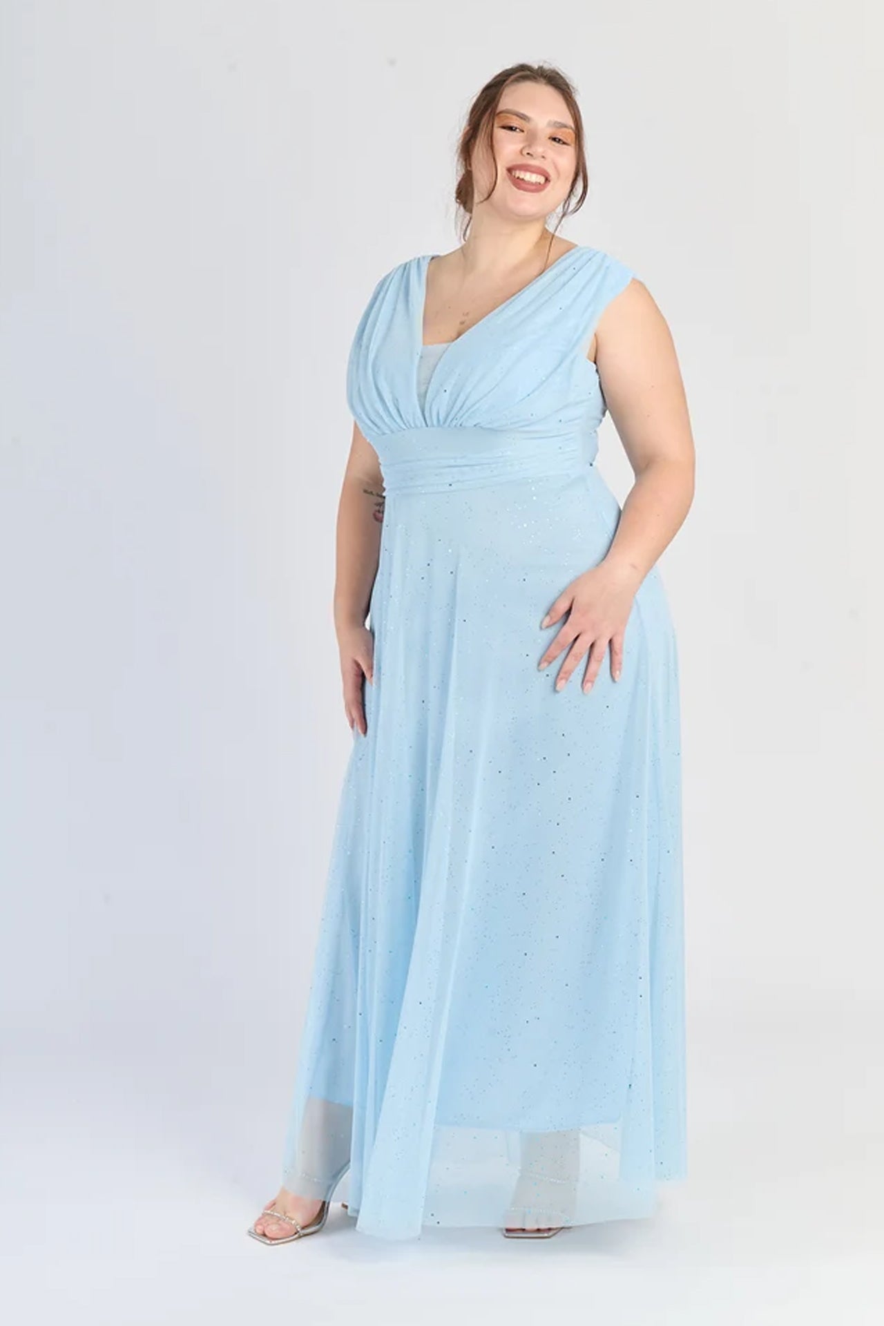 Abito “Lunaria” – Vestito Lungo in Tulle Glitterato con Scollo Incrociato