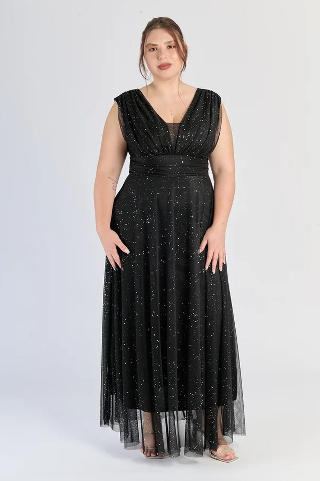 Abito “Lunaria” – Vestito Lungo in Tulle Glitterato con Scollo Incrociato -6