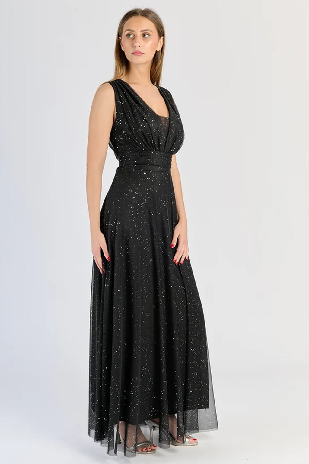 Abito “Lunaria” – Vestito Lungo in Tulle Glitterato con Scollo Incrociato -6