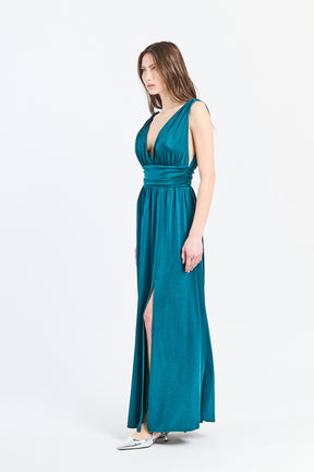 Abito Verde.S in tessuto opaco senza maniche, scollo a V e vita decorativa, per uno stile raffinato e discreto.