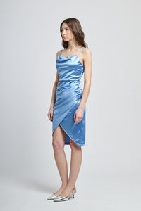 Abito azzurro sexy, spalline sottili, taglio slittato, per occasioni speciali