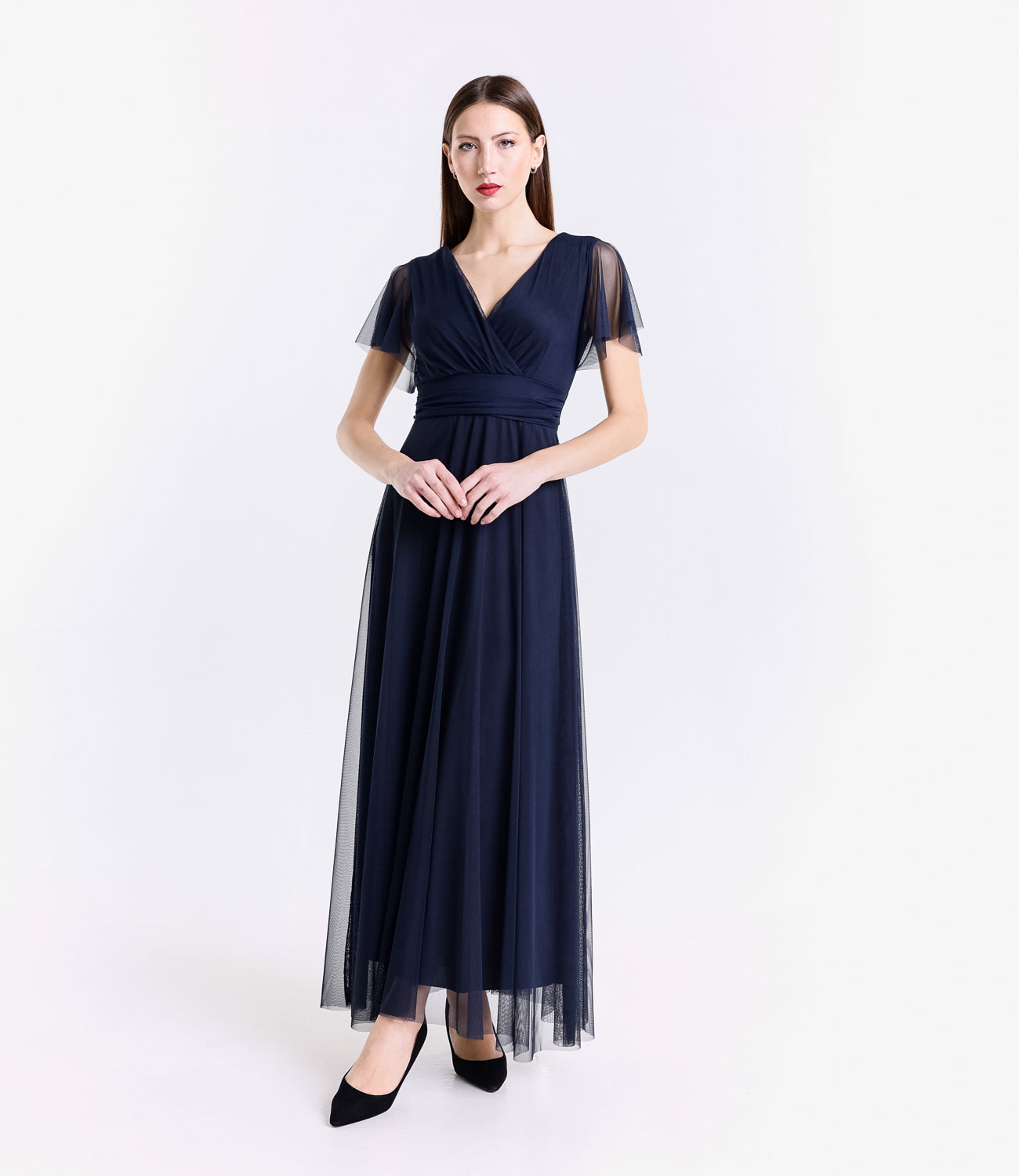 Abito blu scuro in tulle, scollo a V, maniche chiffon, stile intenso
