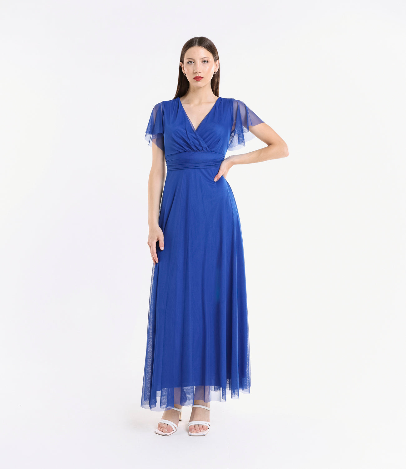 Abito bluette in tulle, scollo a V, maniche chiffon, stile pastello