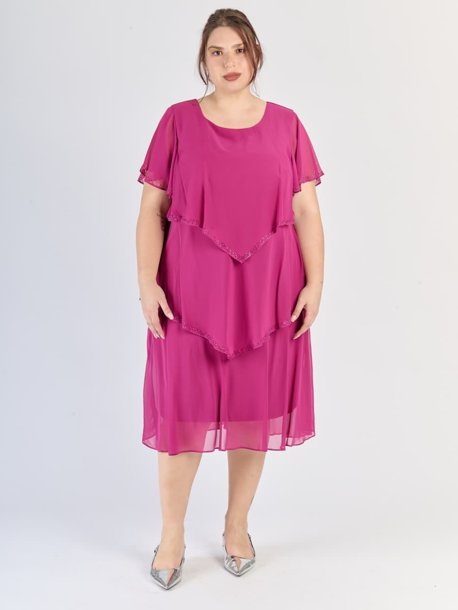 Abito ciliegio a tre strati in chiffon, maniche trasparenti e colore vibrante