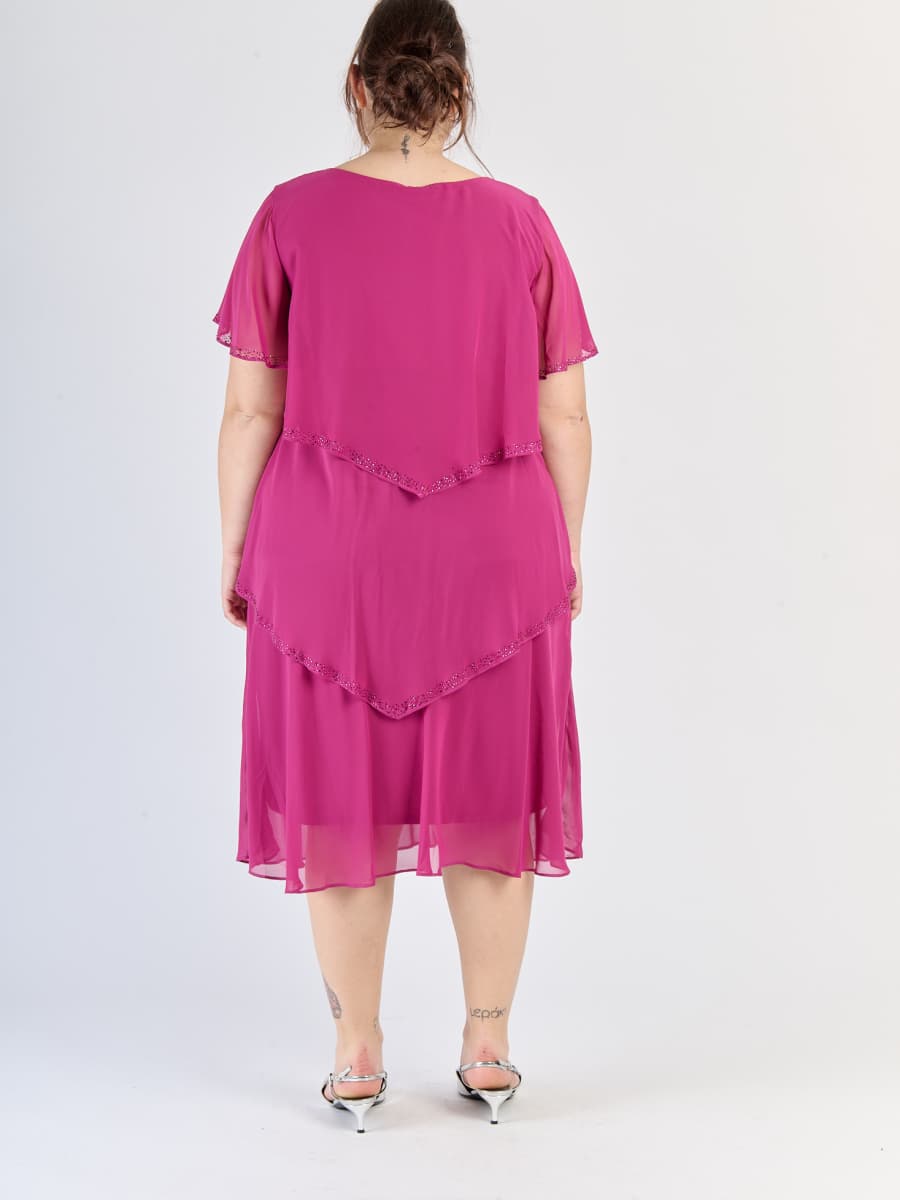 Abito ciliegio elegante, chiffon traslucido, design a livelli e maniche scollate