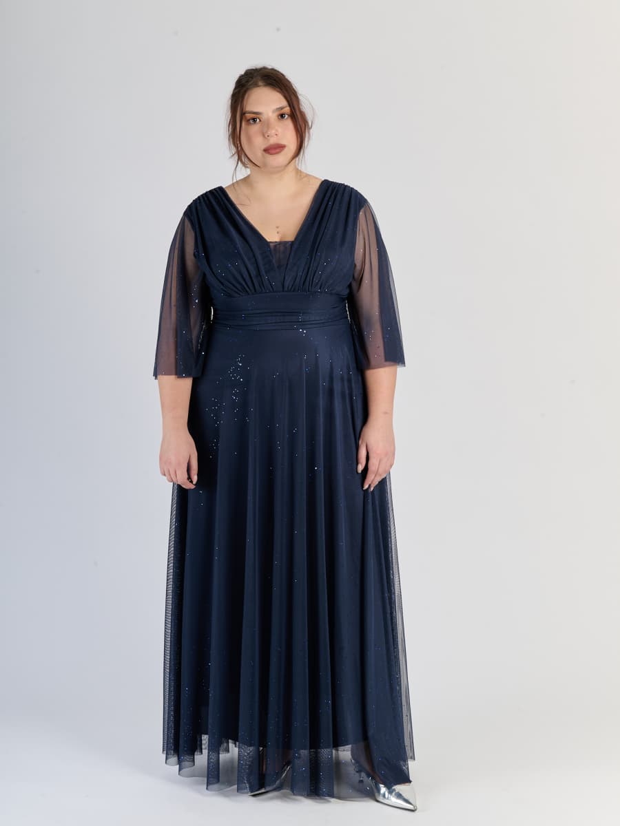 Abito da sera navy, stile avvolgente con scollatura a V e maniche semi - trasparenti.
