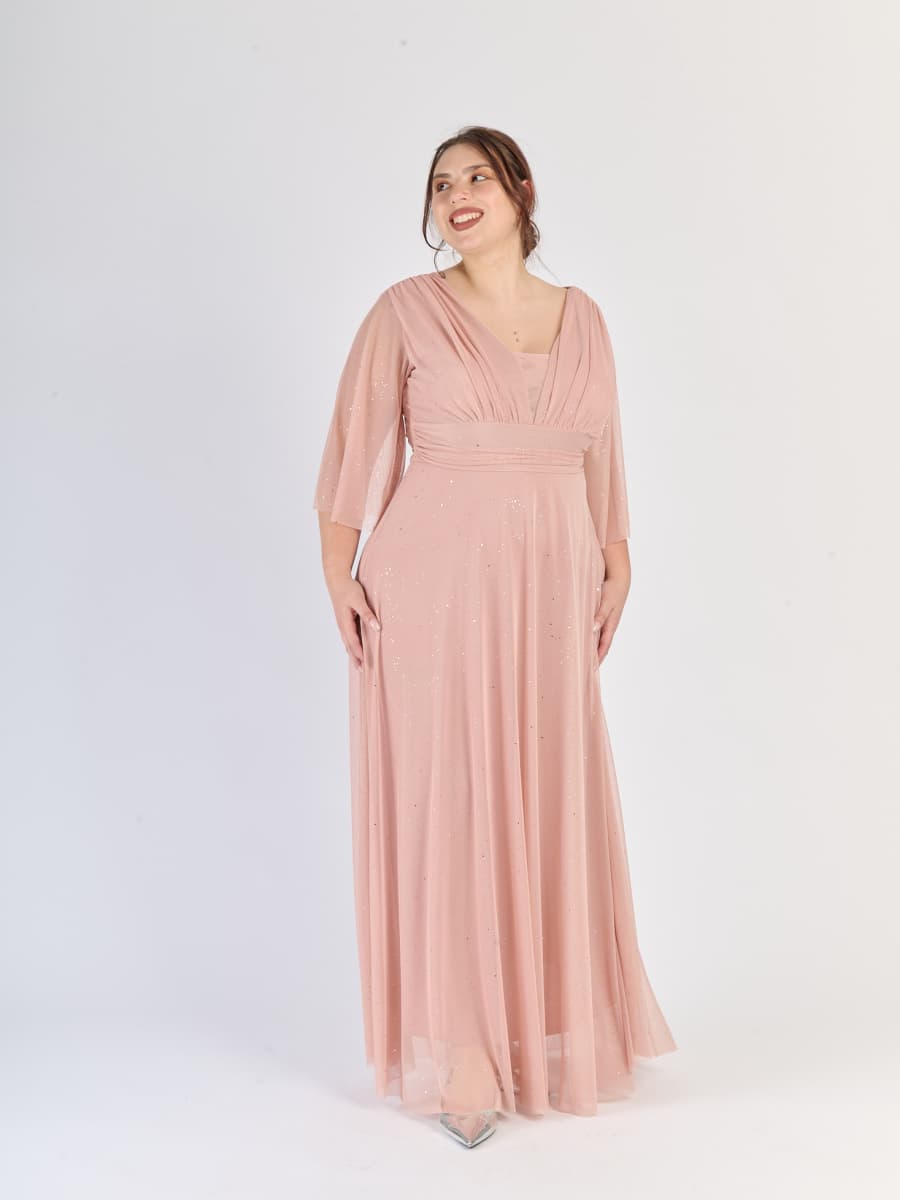 Abito da sera rosa antico, stile avvolgente con scollatura a V e maniche semi - trasparenti.