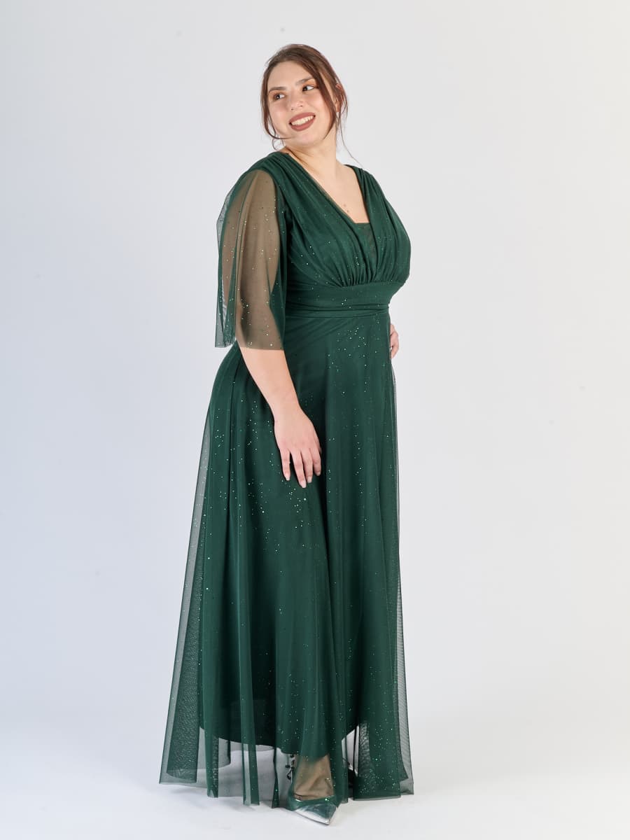 Abito da sera verde.S, stile avvolgente con scollatura a V e maniche semi - trasparenti.