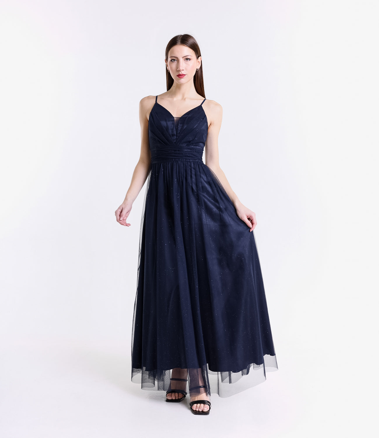 Abito elegante navy con falda ampia fluida, perfetto per serate notturne