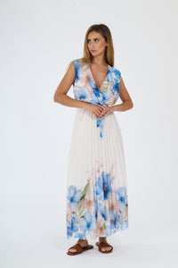 Abito estivo Azzuro con stampa floreale, scollatura a V, design senza maniche e cordoncino alla vita